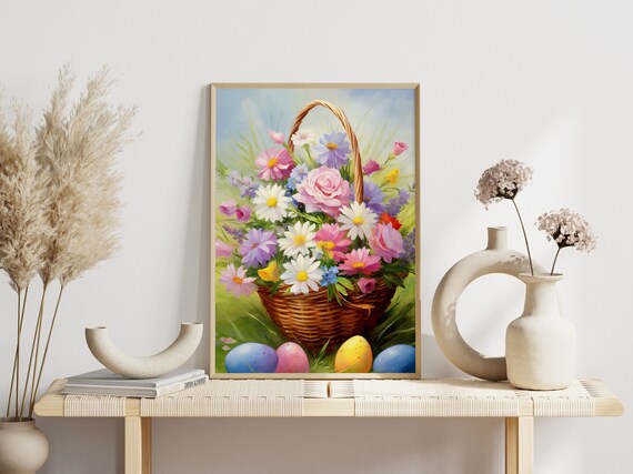 Easter Flower Basket With Colorful Eggs Spring Floral Wall Art