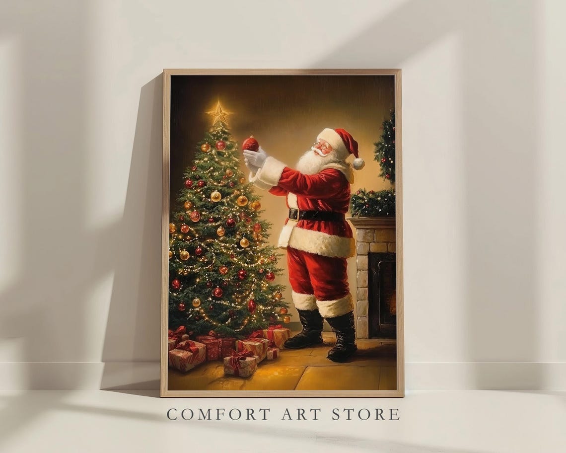 Vintage Santa Claus Decorating Christmas Tree by Fireplace Poster - Image 5