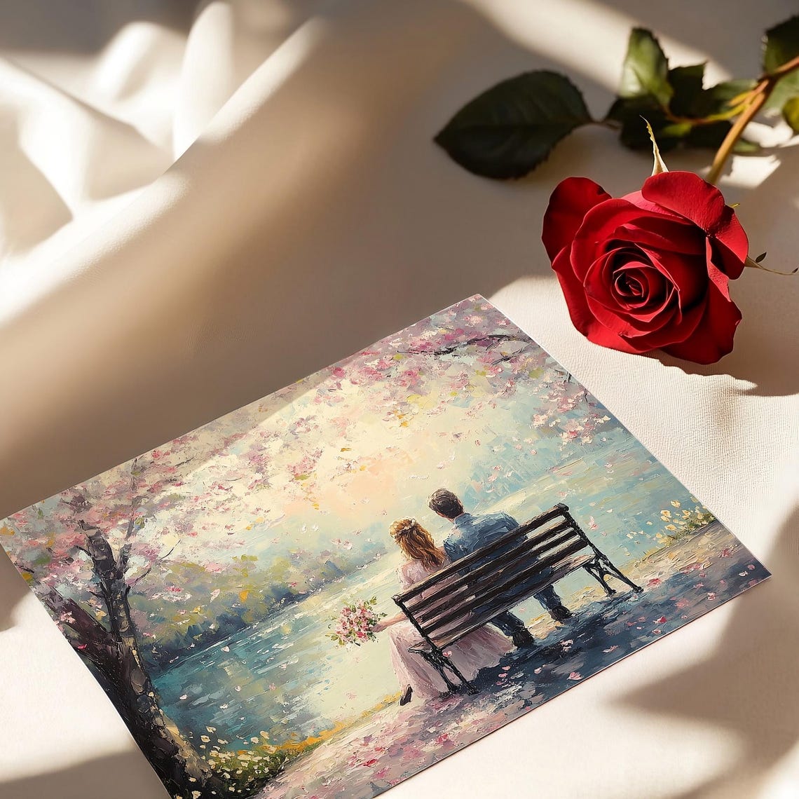 Romantic Couple Bench Cherry Blossom Lake Valentines Day Art Poster