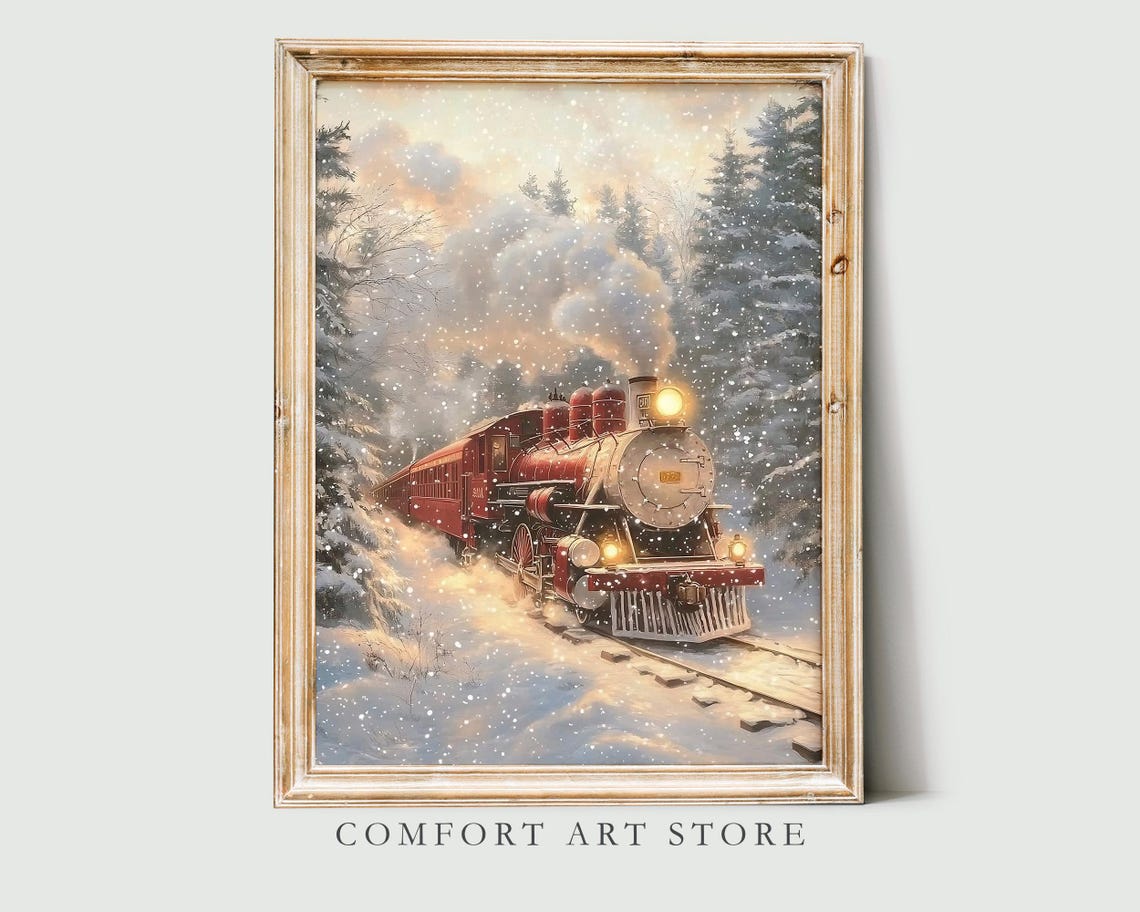 Classic Red Steam Engine in Snowy Pine Forest Snowstorm Wall Art