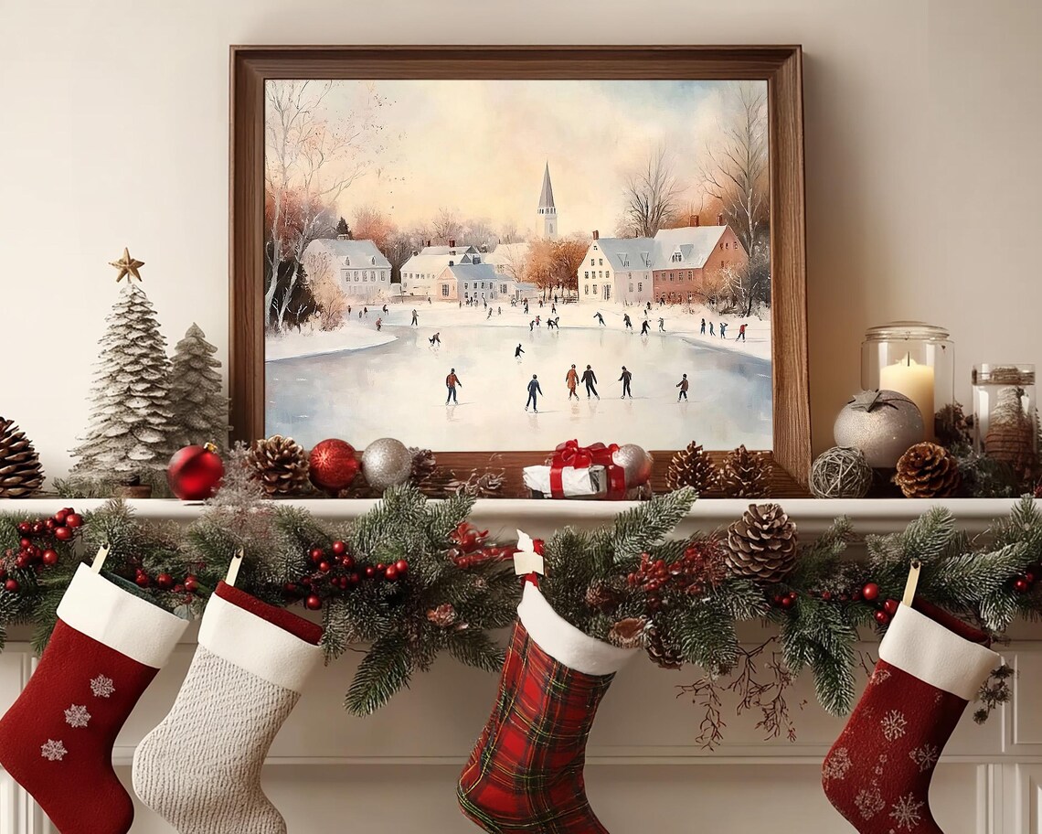People Ice Skating on Village Pond in Vintage Winter Wall Art - Image 3