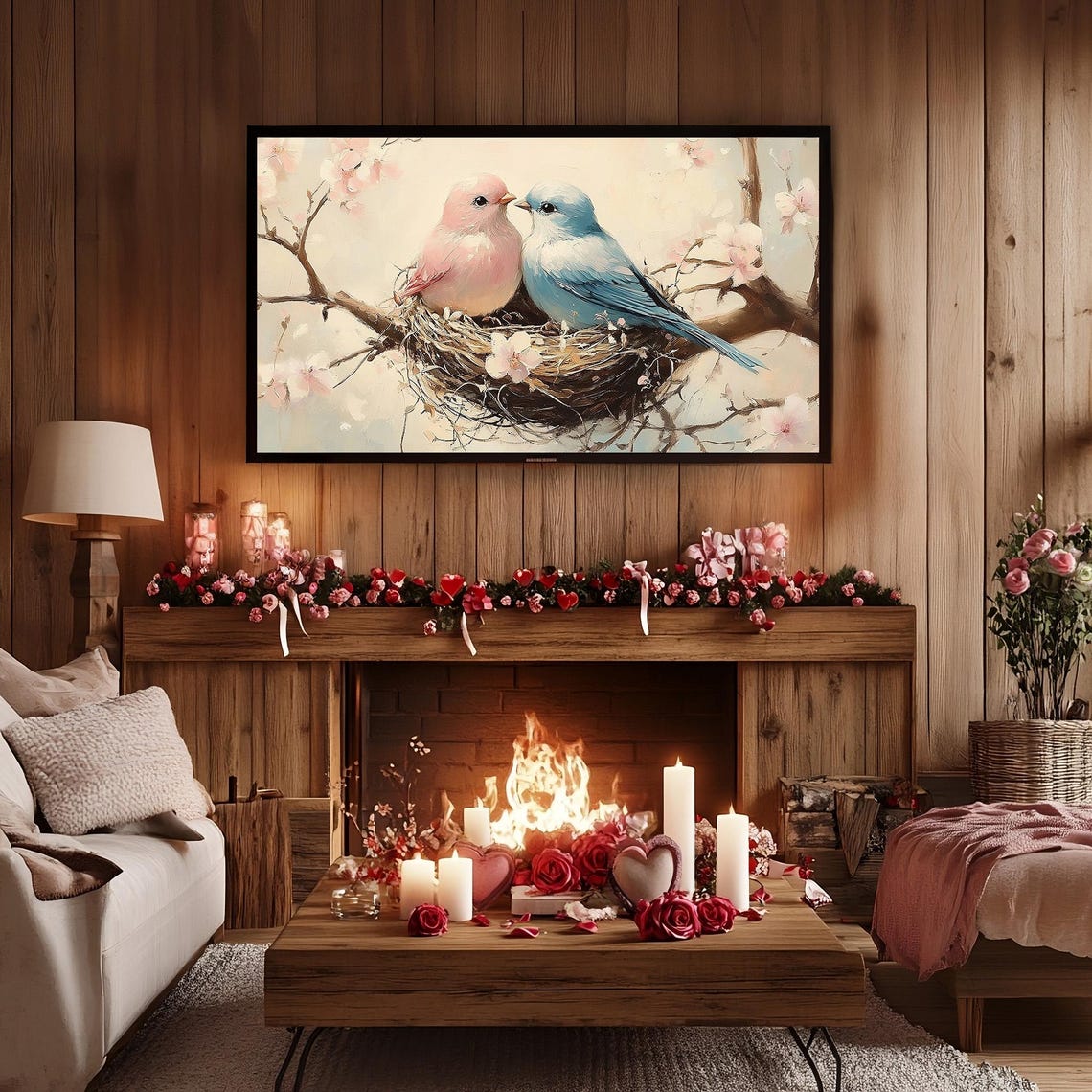Pink Blue Love Birds Nest Cherry Blossom Romantic Wall Poster - Image 3