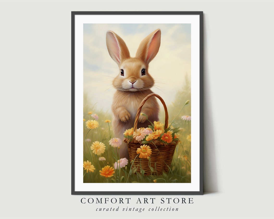 Cute Easter Bunny Spring Print Floral Easter Basket Easter Rabbit Easter Vintage Decor Wildflower Easter Farmhouse Wall Art - Image 6