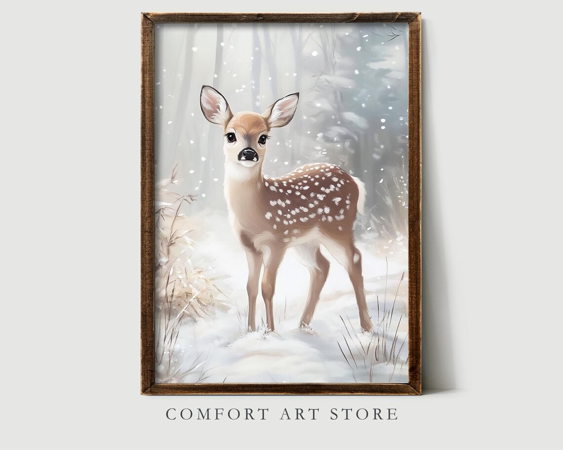 Adorable Baby Deer Fawn Standing in Snowy Winter Forest Poster - Image 2