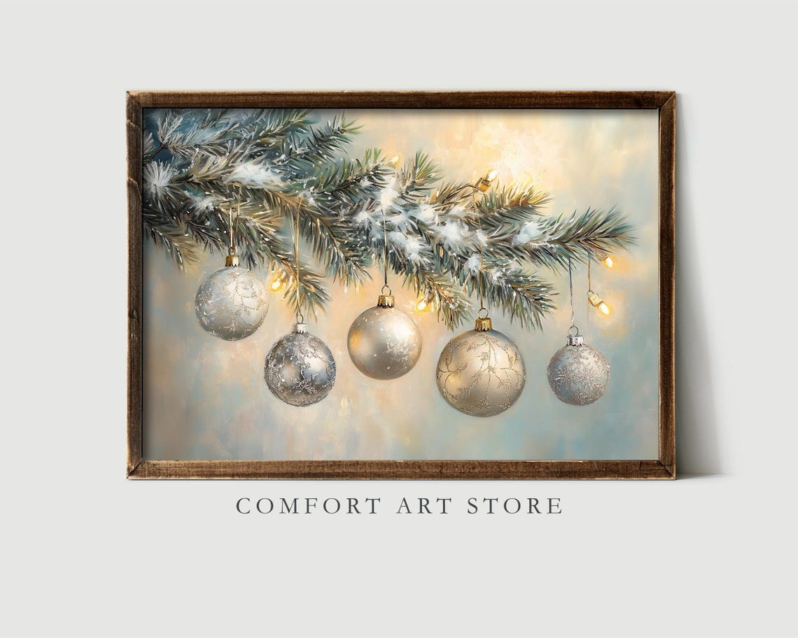 Elegant Champagne Gold Christmas Ornaments on Snowy Branch Poster - Image 2