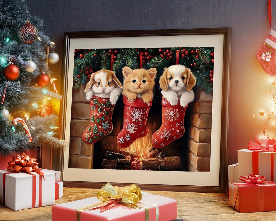Bunny Kitten and Puppy Peeking from Christmas Stockings Art Poster - Image 5