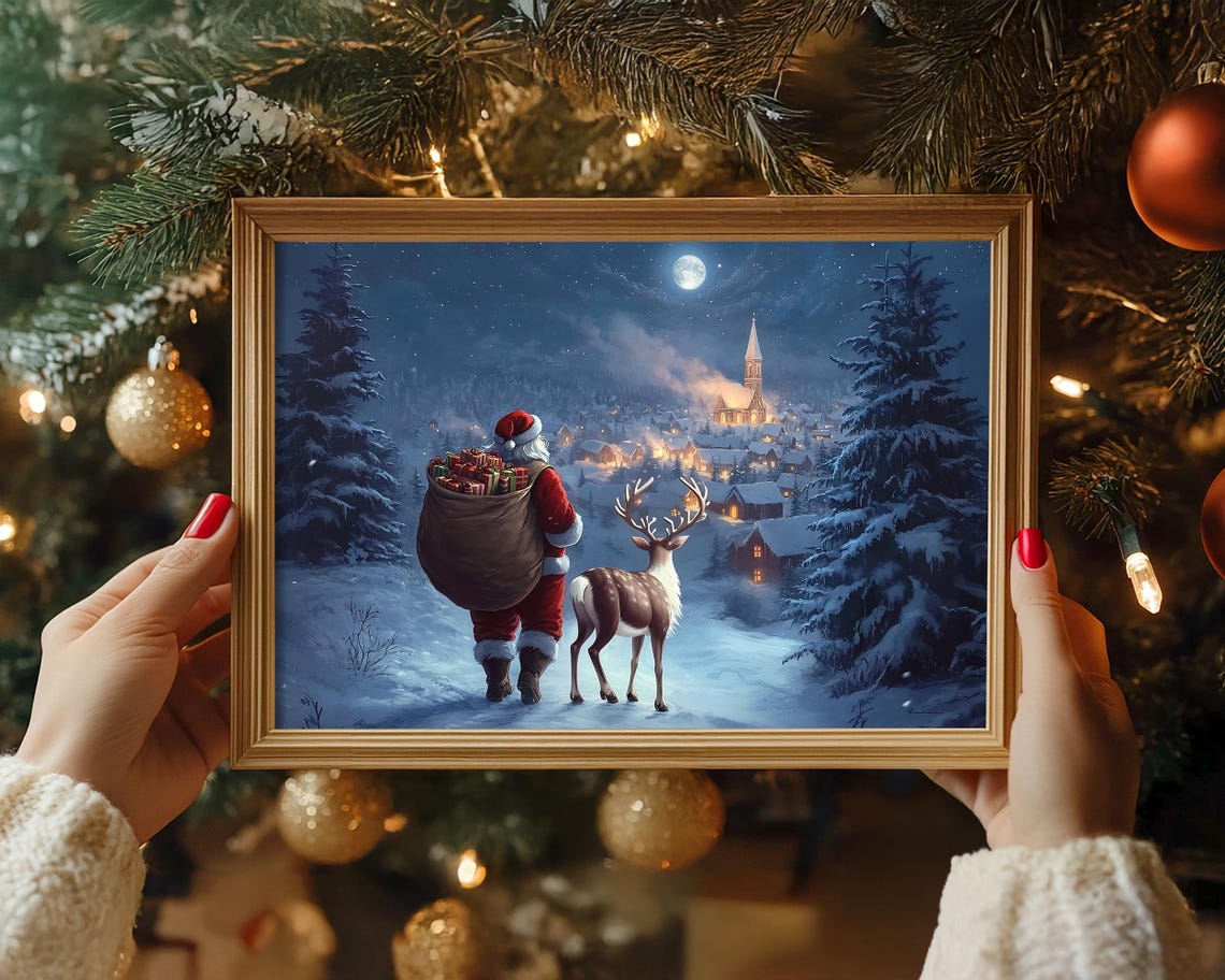 Christmas Wall Art Santa Claus Reindeer Print Dark Academia Winter Village Scene Snowy Holiday Decor Vintage Christmas Painting - Image 3