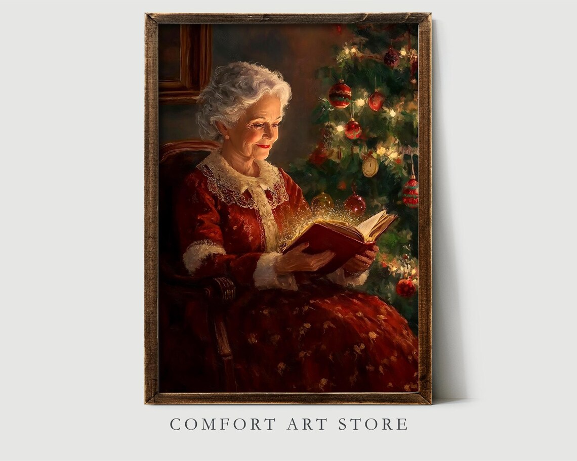 Cozy Christmas Grandmother Reading Glowing Storybook Art Poster - Image 2