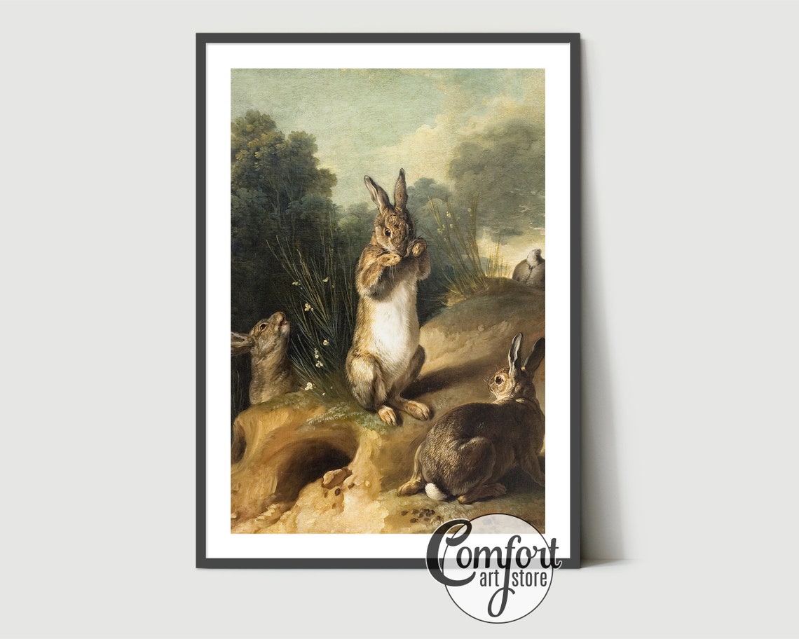 Vintage Rabbits in a Rustic Landscape Neutral Tone Painting Poster - Image 6