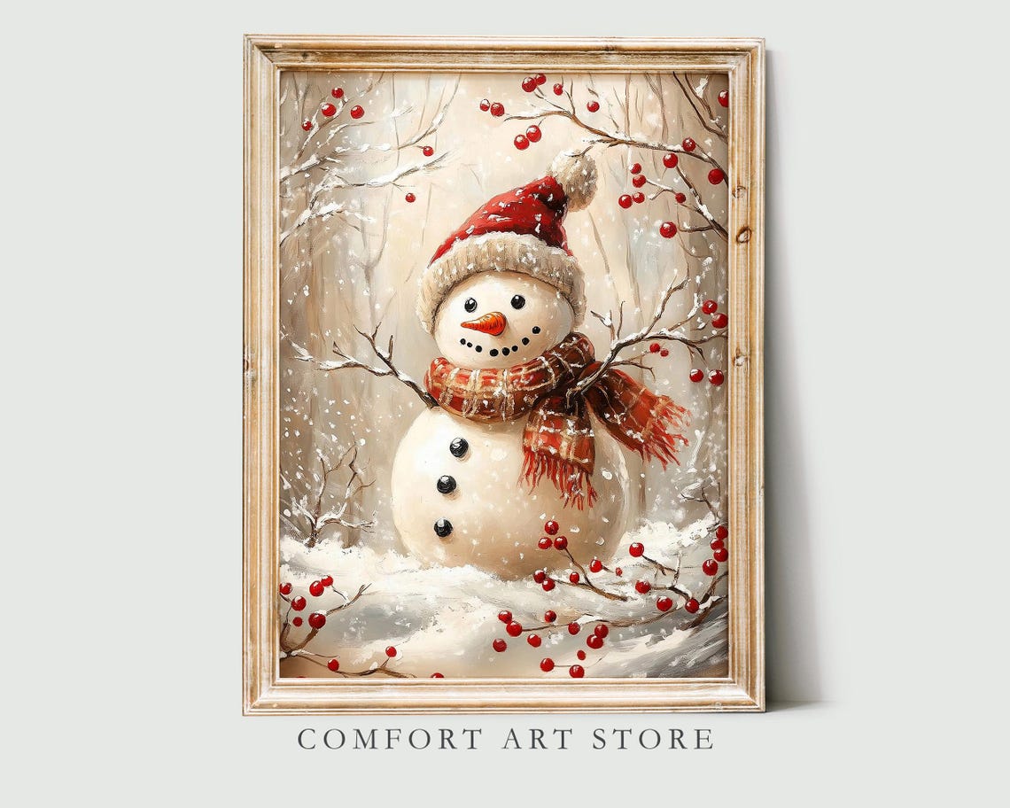 Snowman in Red Knit Hat with Plaid Scarf Winter Watercolor Wall Art