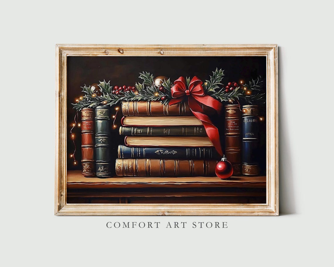 Antique Bookshelf with Christmas Holly Garland Red Bow Poster