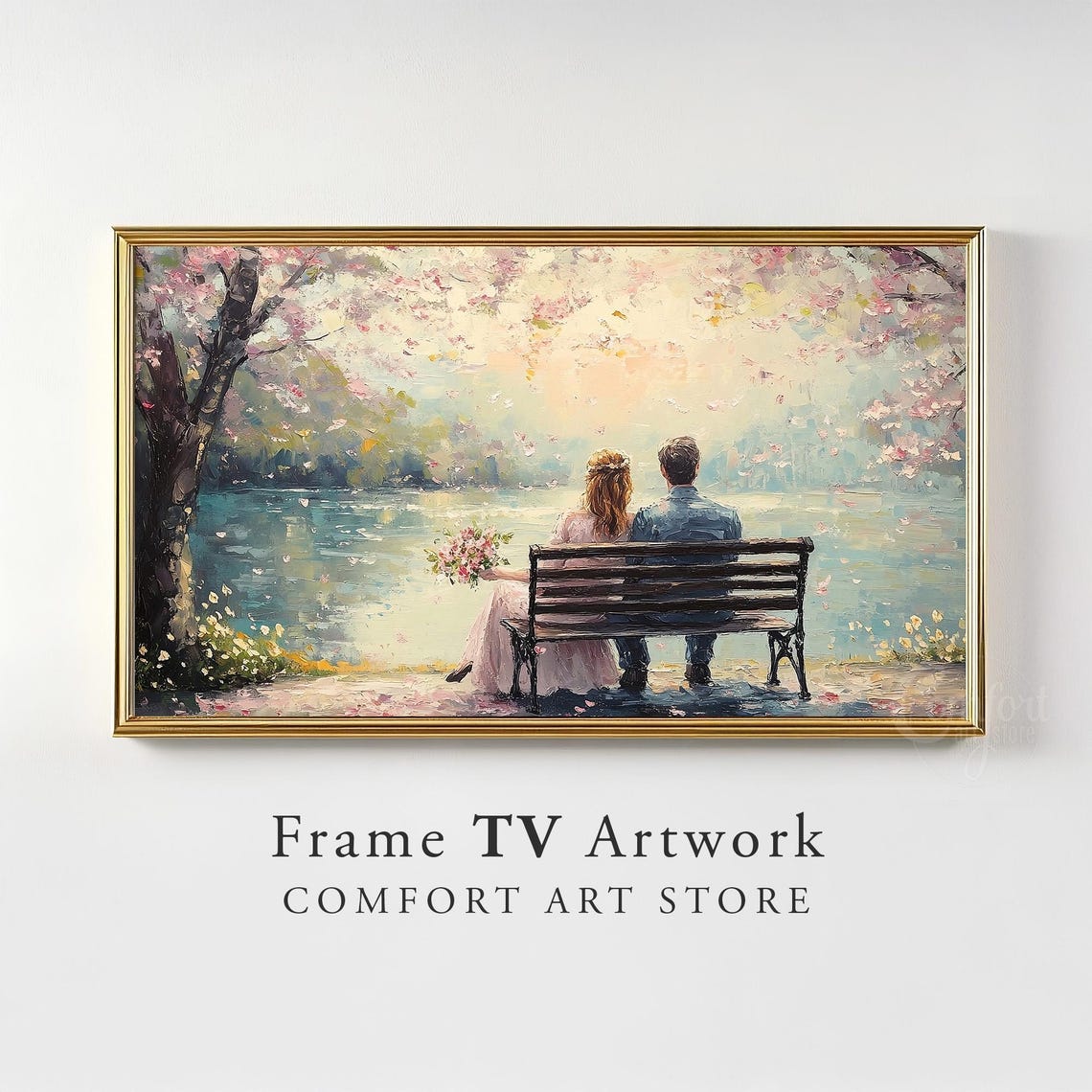 Romantic Couple Bench Cherry Blossom Lake Painting Decor Poster - Image 3