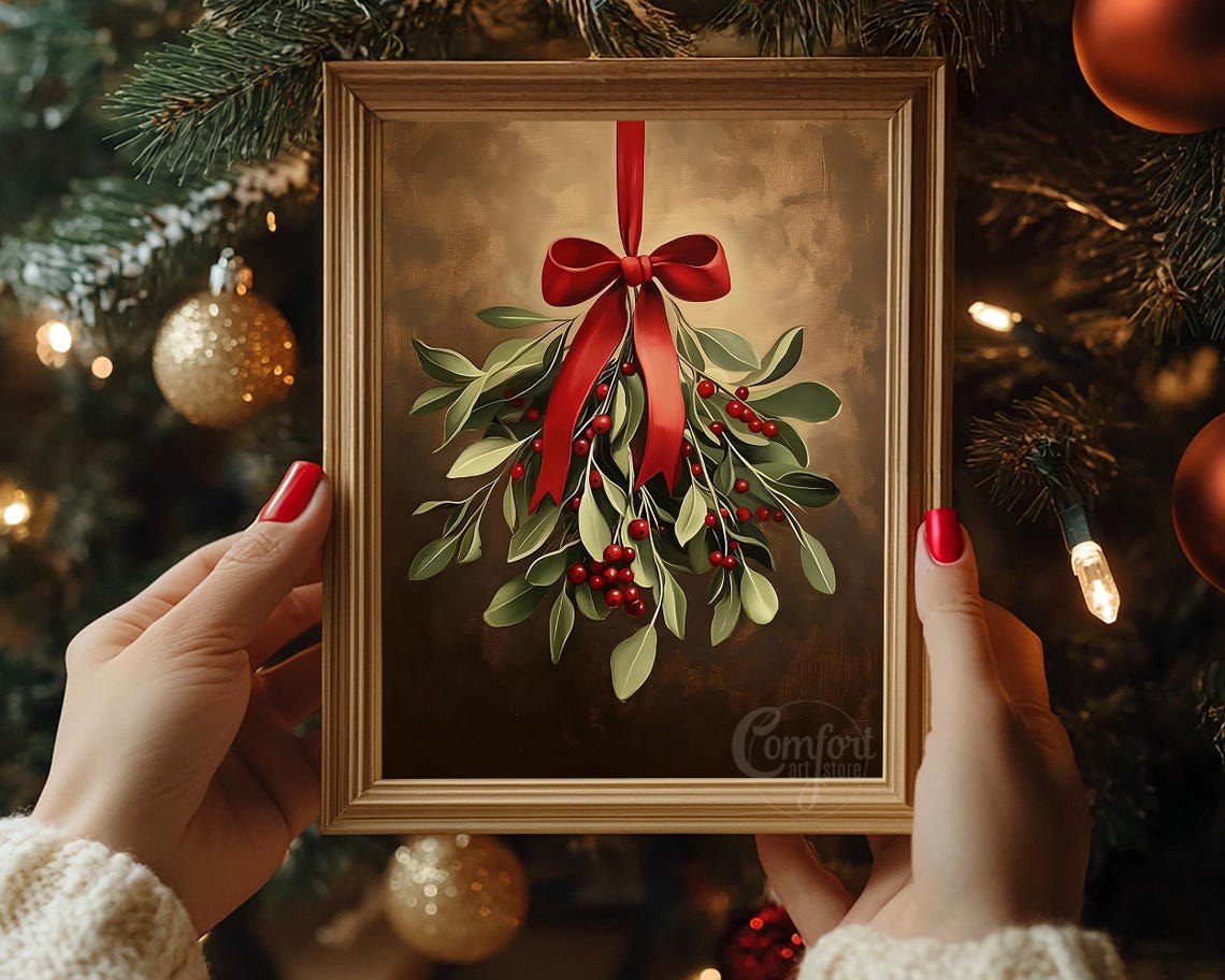 Christmas Hanging Holiday Greenery with Red Berries and Bow Print - Image 2