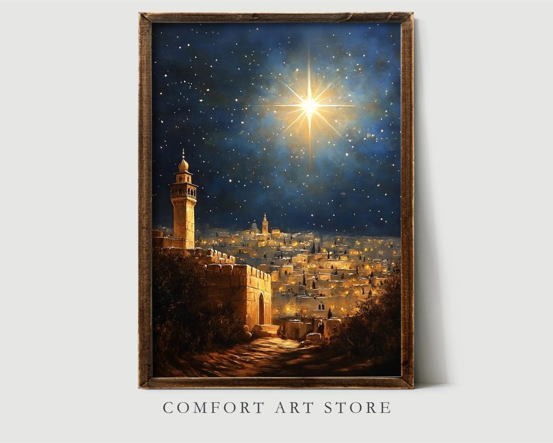 Antique Vintage Star Of Bethlehem Print Christian Nativity Scene Christmas Star Wall Art Christian Christian Print Oil Painting - Image 3