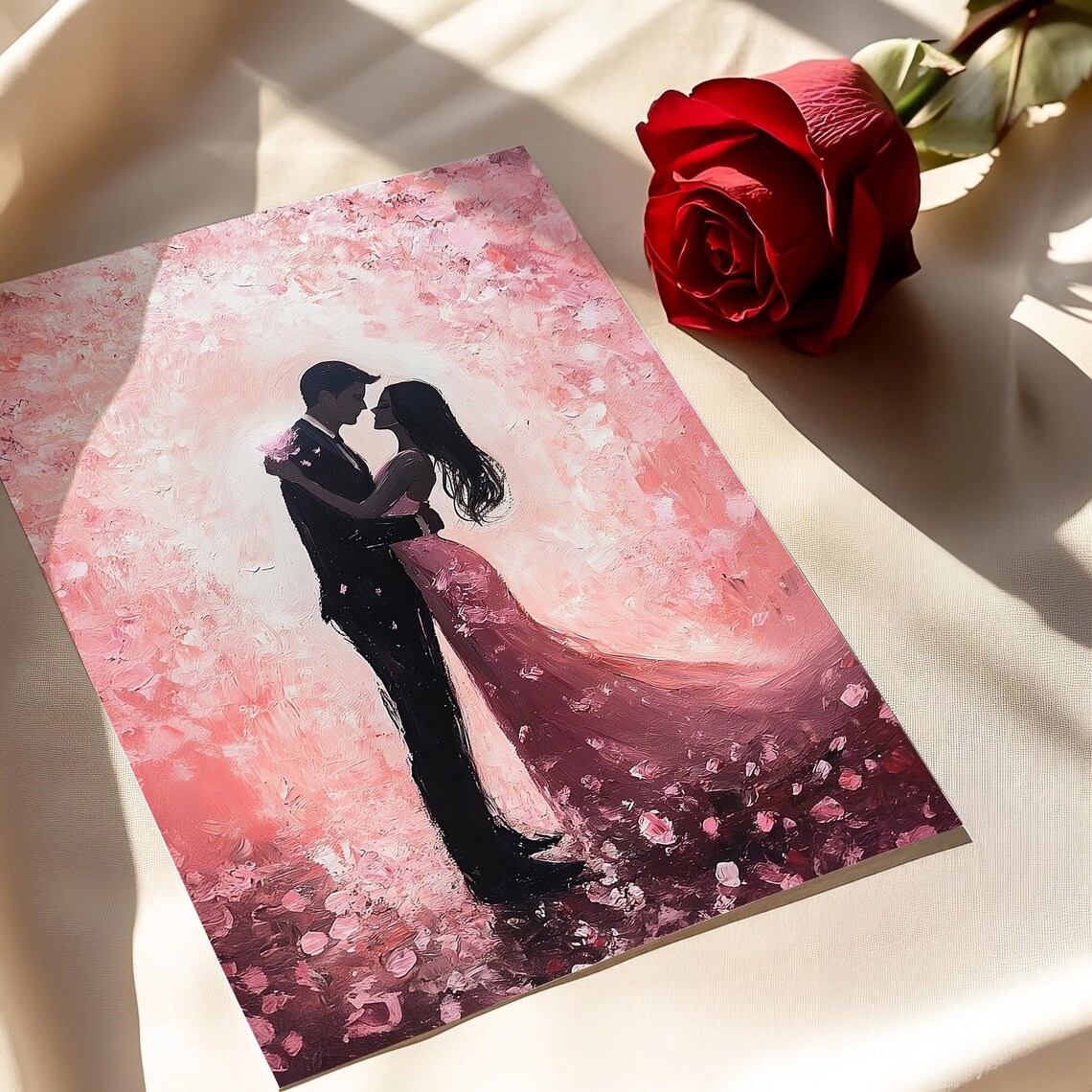 Romantic Couple in a Swirl of Pink Petals Dreamy Love Poster - Image 2
