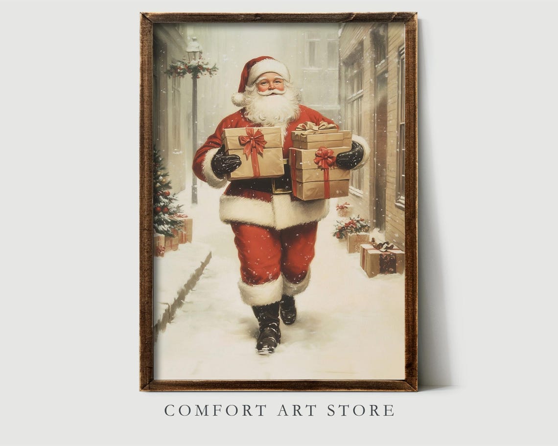 Santa Claus Print Vintage Christmas Wall Art Christmas Snowy Street Print Winter Holiday Decor Antique Christmas Gift Neutral Santa Wall Art - Image 2