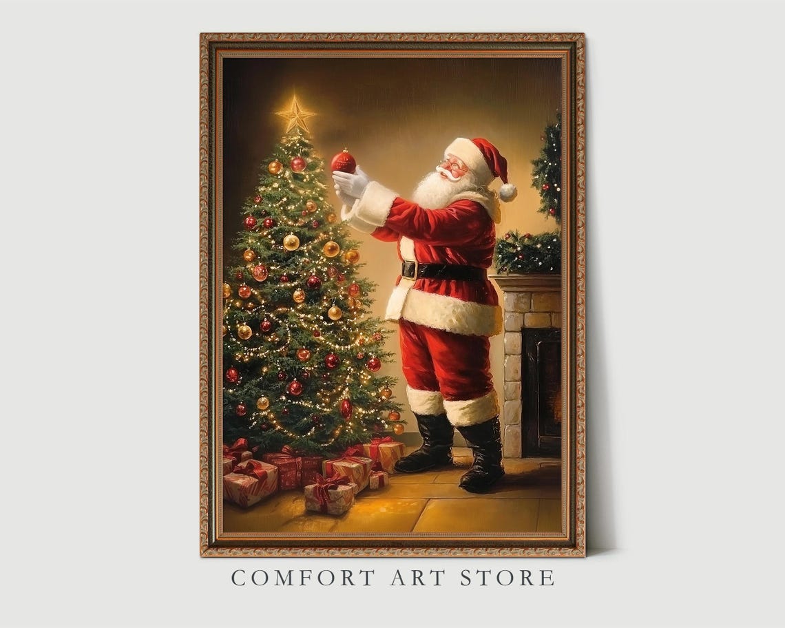 Vintage Santa Claus Decorating Christmas Tree by Fireplace Poster - Image 2