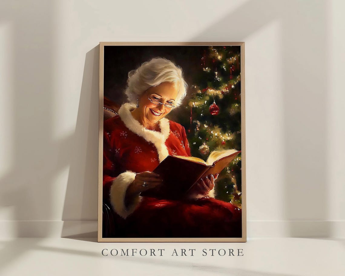 Mrs Claus Smiling Over Her Book by the Christmas Tree Wall Art - Image 6