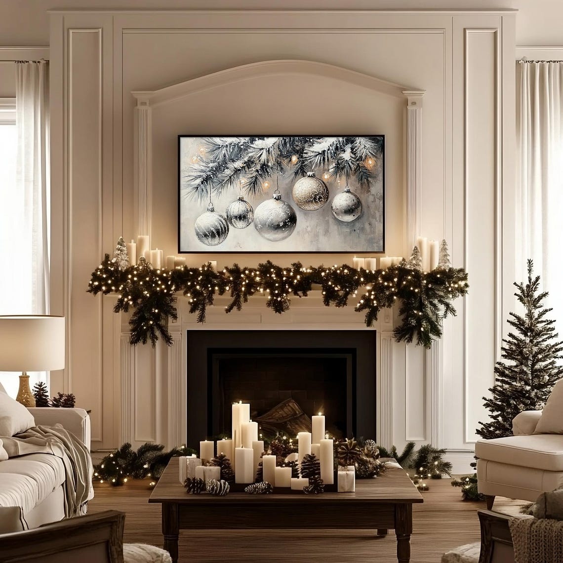 Silver Christmas Baubles on Frosty Pine Branches Neutral Poster - Image 5