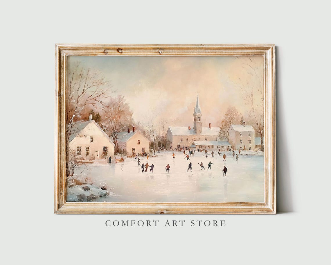 Frozen Pond Ice Skating Scene in Snowy Village Winter Wall Art