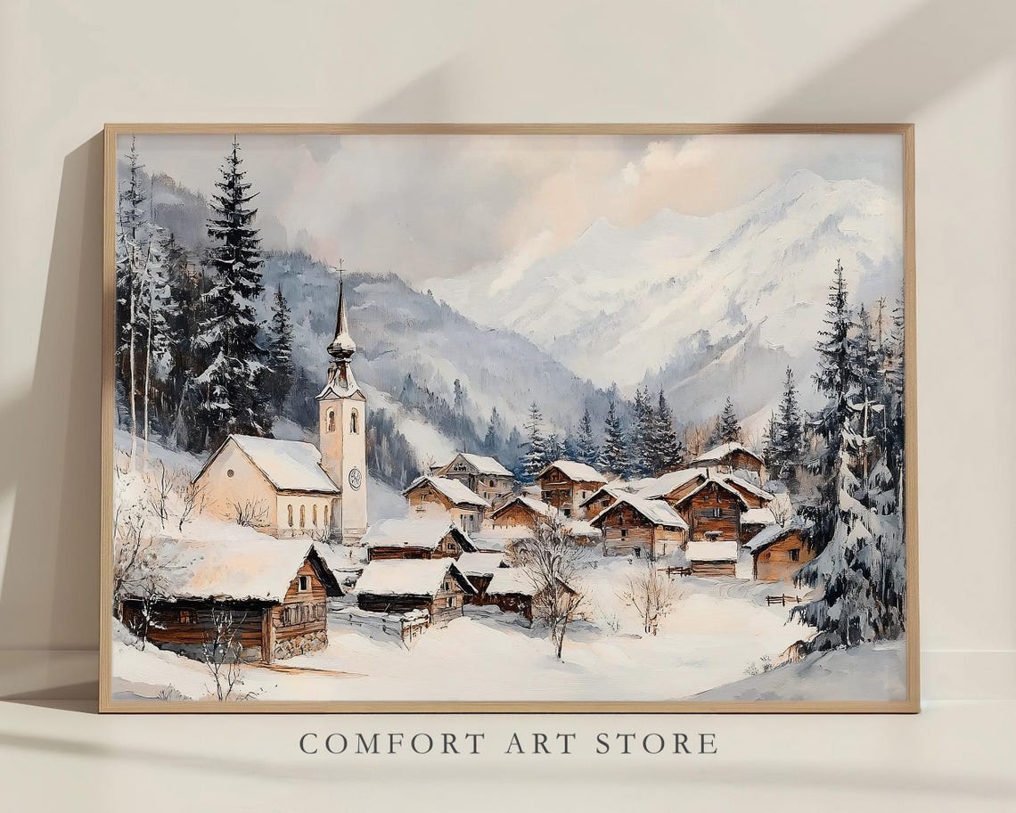 Snowy Alpine Village with Church and Mountains Winter Poster - Image 6
