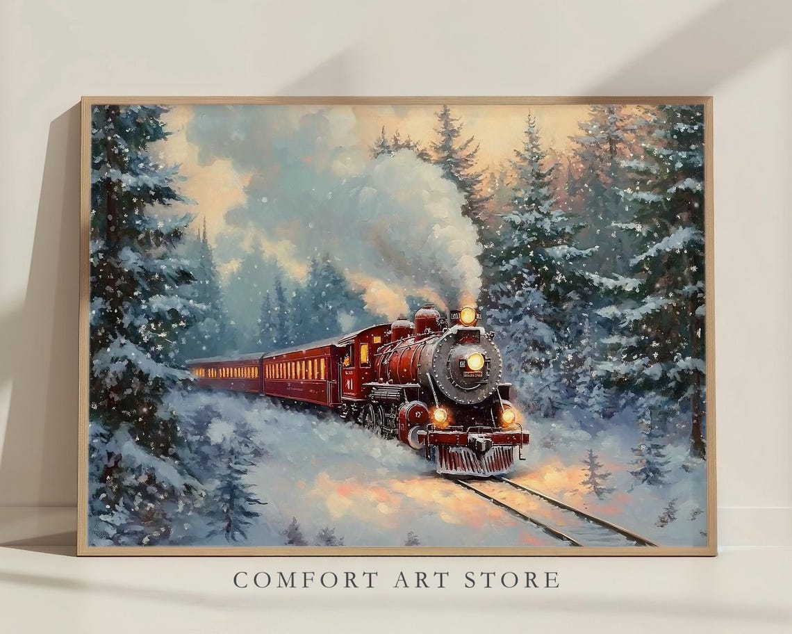 Red Steam Train Chugging Through Snowy Winter Evergreens Wall Art - Image 5