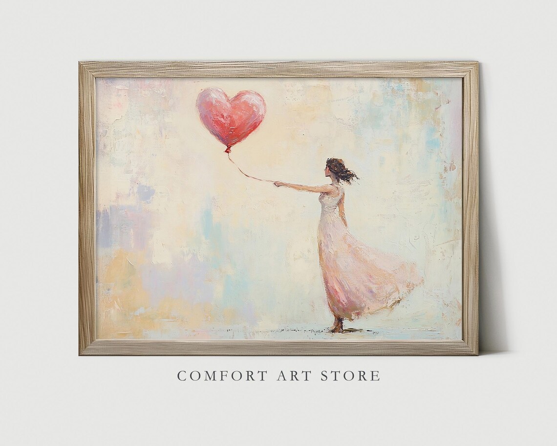 Woman Releasing Red Heart Balloon Impressionist Romantic Wall Poster - Image 3