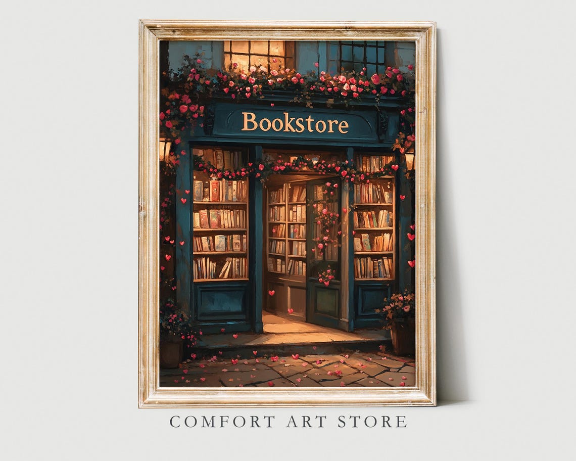 Cozy Antique Bookstore Storefront Painting Romantic Book Lover Poster