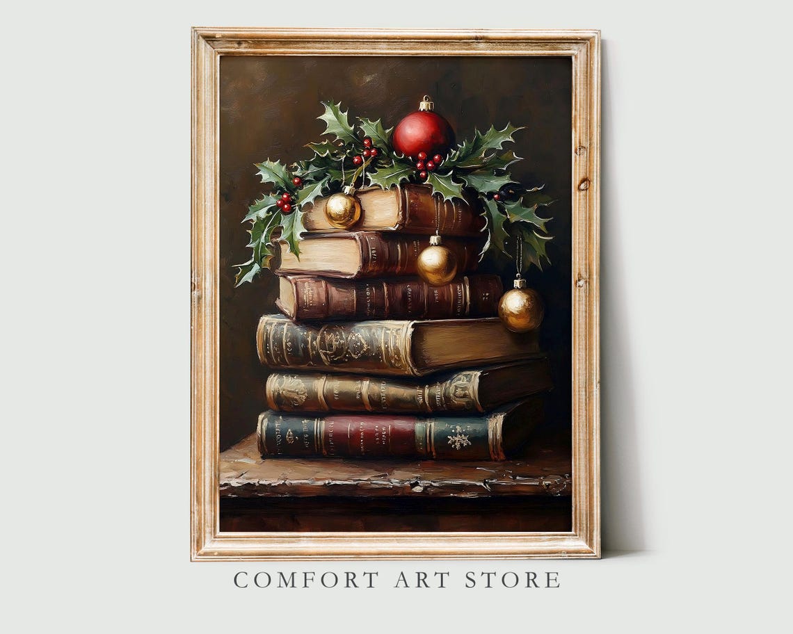 Antique Book Stack With Holly Berries and Christmas Baubles Poster