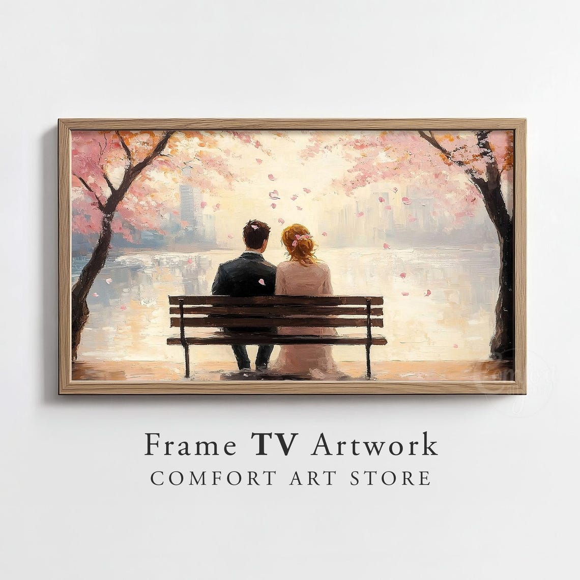 Couple Bench Blossom Trees City Sunset Romantic Painting Decor Poster