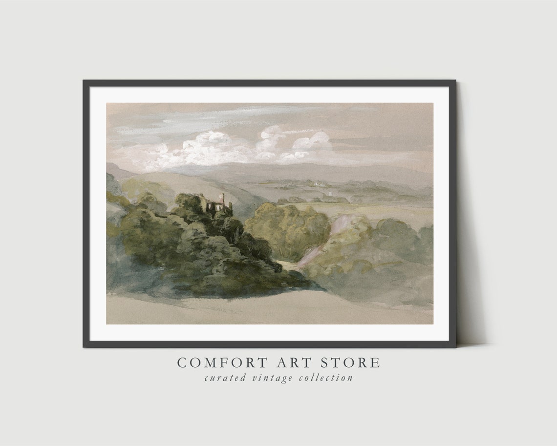 Vintage Muted Countryside Landscape Antique Rustic Neutral Wall Art - Image 2