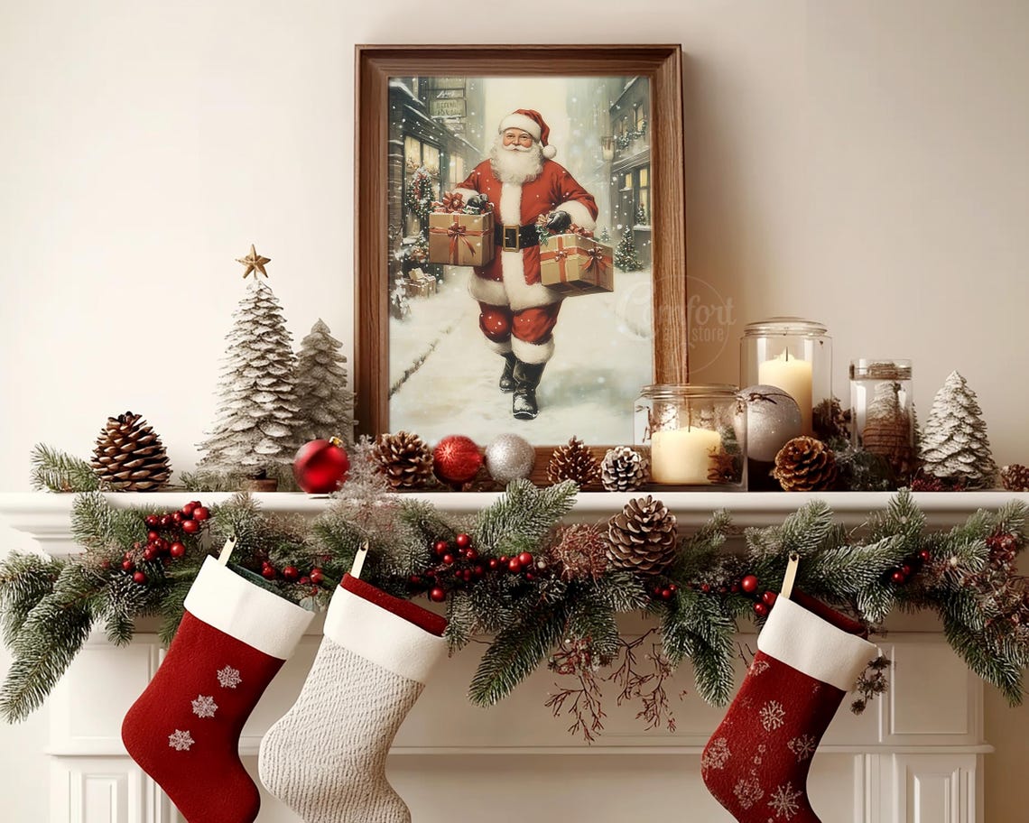 Santa Claus Delivering Presents on Snowy Main Street Wall Art - Image 4