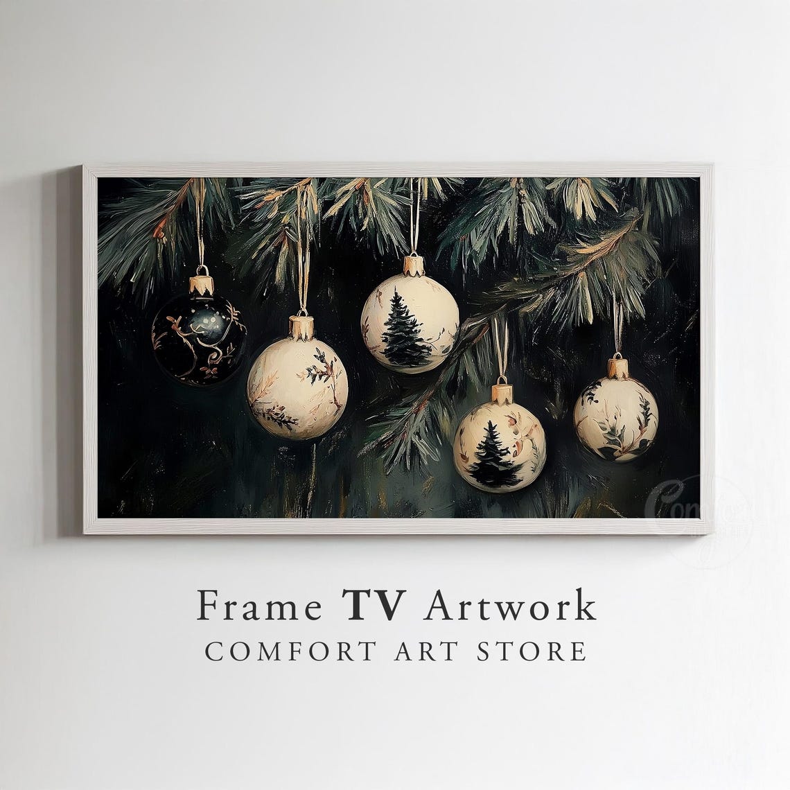 Christmas Ornaments Hanging on Dark Pine Branches Moody Poster - Image 2