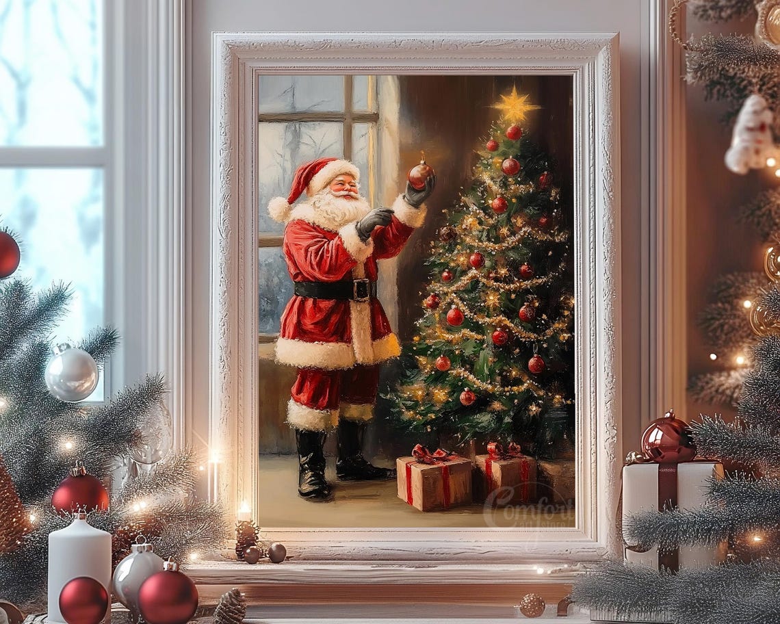 Santa Claus Decorating Christmas Tree by Snowy Window Scene Poster - Image 8
