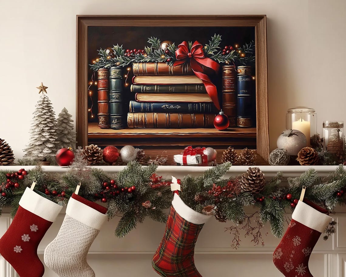 Antique Bookshelf with Christmas Holly Garland Red Bow Poster - Image 5