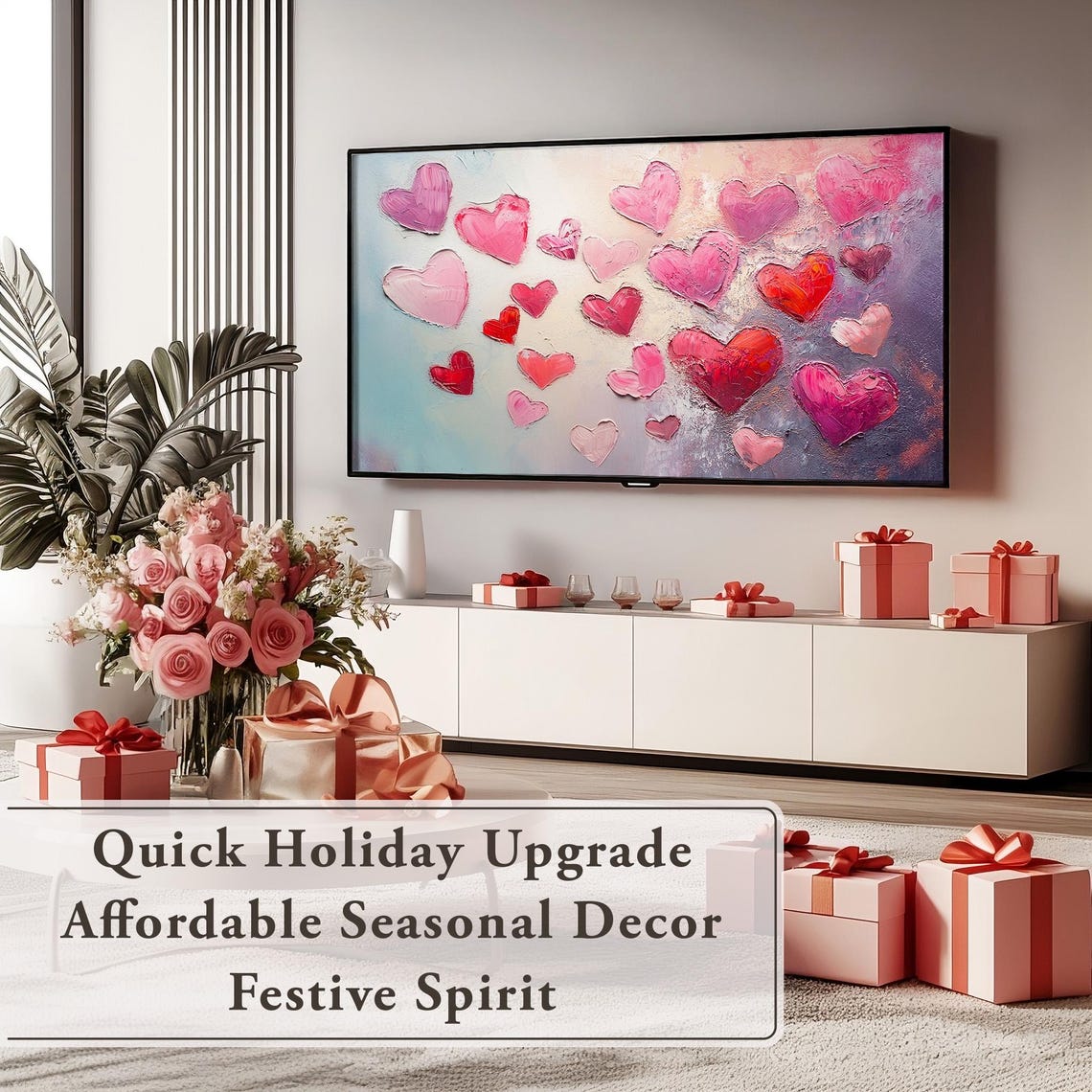 Scattered Pink Red Hearts Impasto Painting Valentines Decor Poster - Image 5