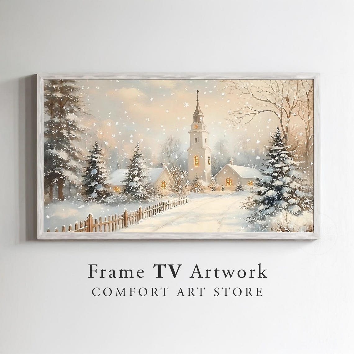 Frame Tv Art Snowy Village Vintage Christmas Antique Winter Scene Winter Landscape Church Painting Holiday Christmas Frame Tv Art - Image 2