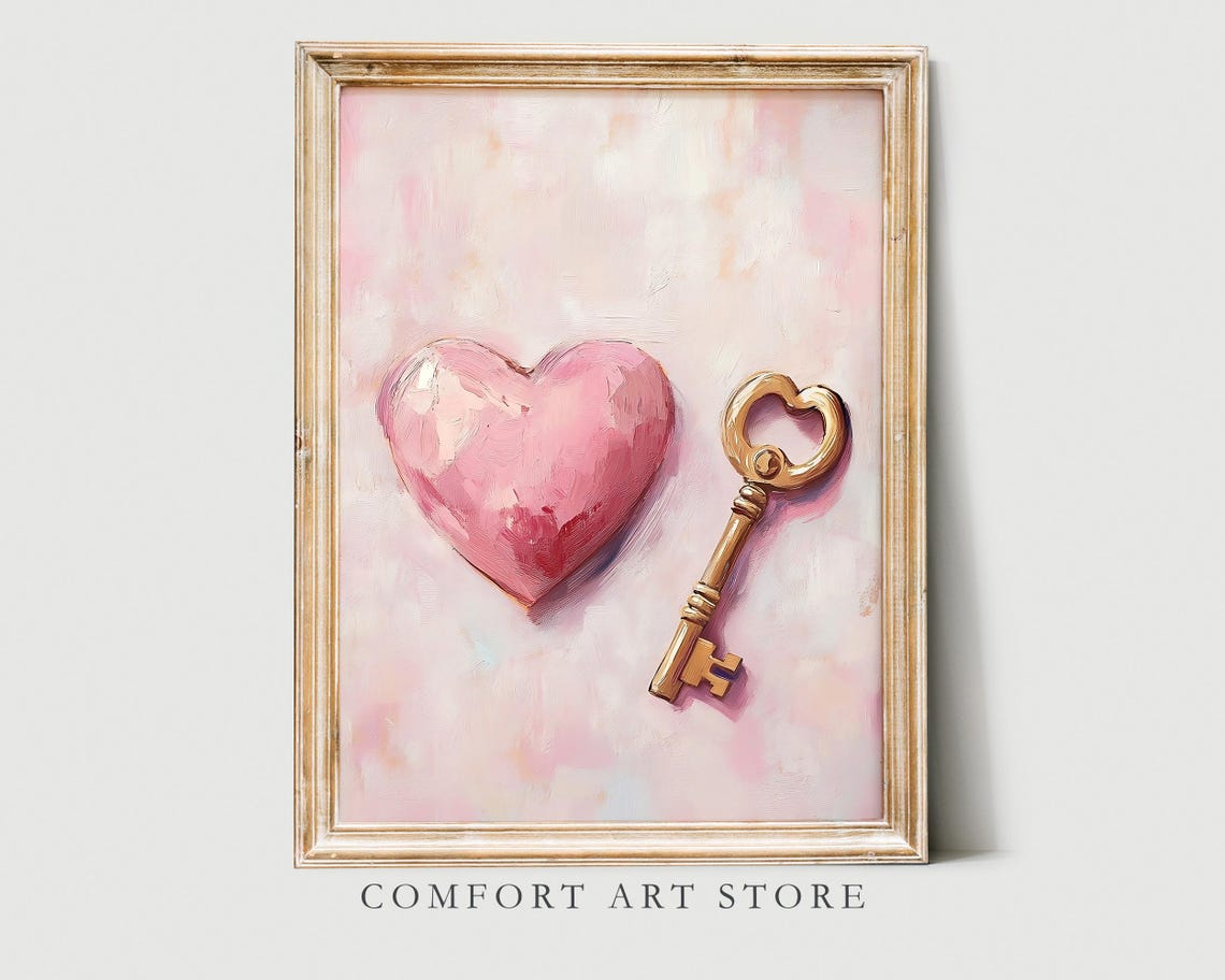 Pink Heart and Golden Skeleton Key Romantic Valentine Art Poster - Image 6