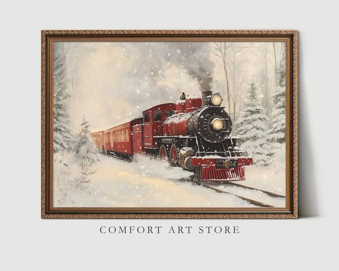 Red Passenger Train Rolling Through Winter Snowfall Wall Art - Image 3