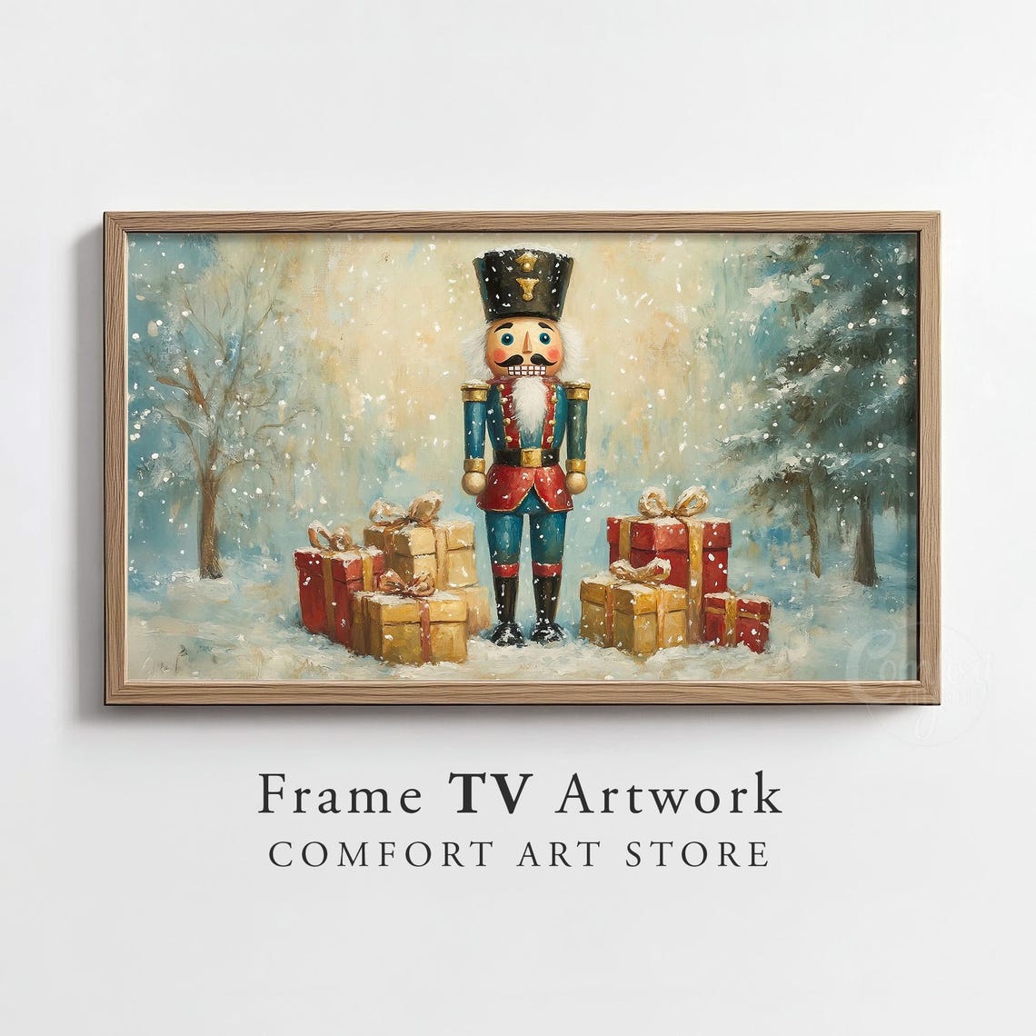 Vintage Nutcracker Soldier With Gifts In A Snowy Winter Scene Poster