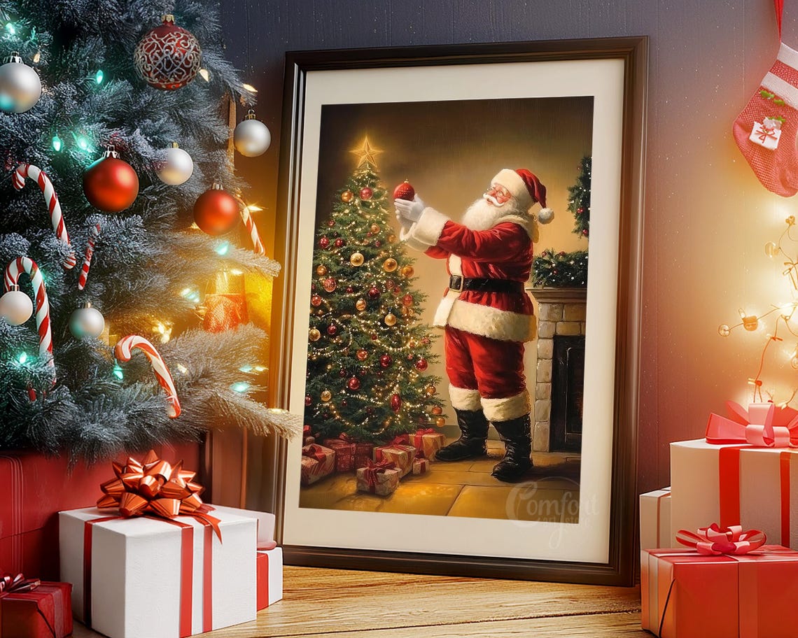 Vintage Santa Claus Decorating Christmas Tree by Fireplace Poster - Image 3
