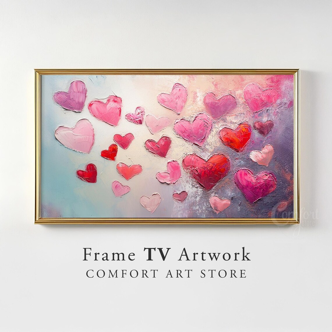 Scattered Pink Red Hearts Impasto Painting Valentines Decor Poster - Image 3