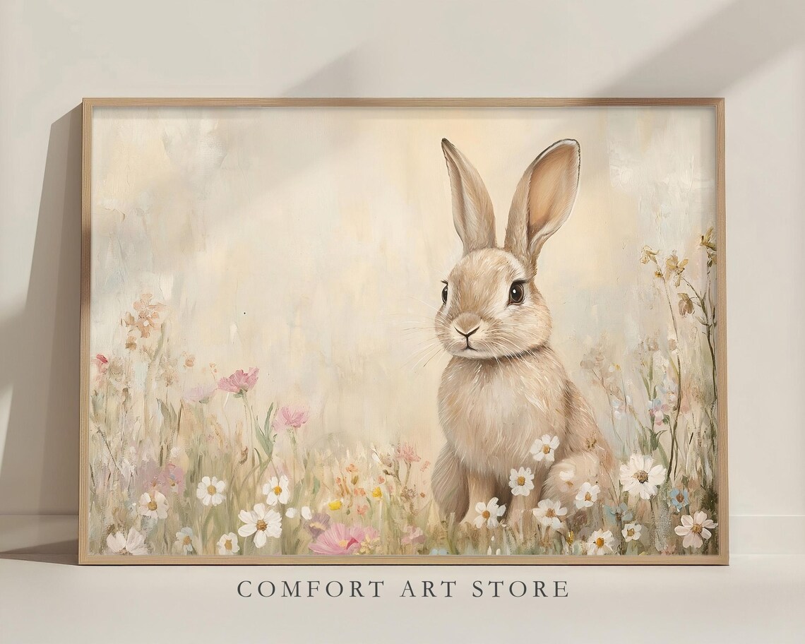 Easter Bunny Art Print, Neutral Spring Wildflower - Image 3