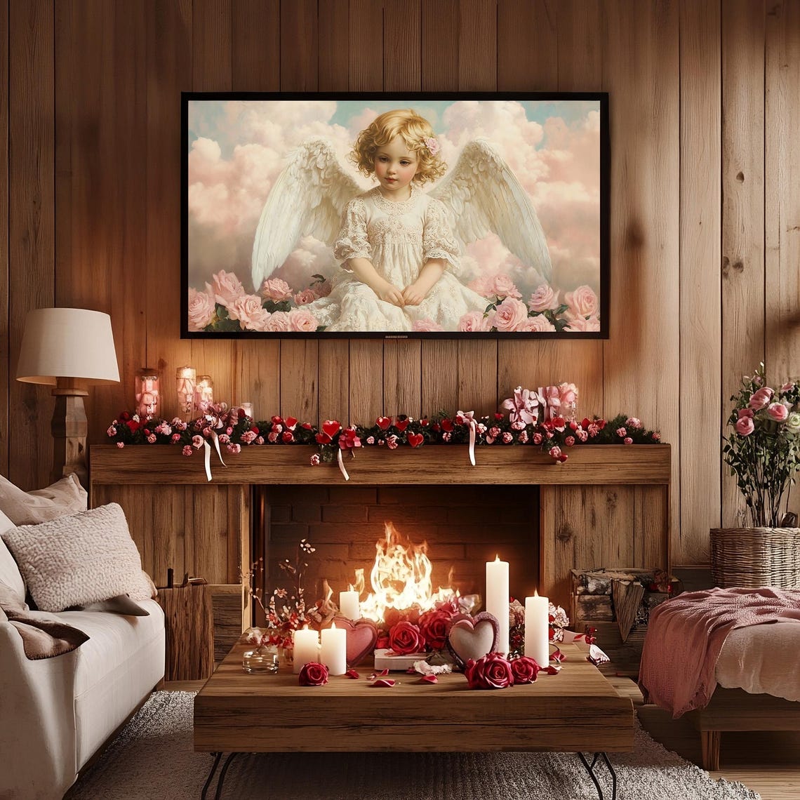 Cherubic Angel With Pink Roses Vintage Frame TV Art Romantic Poster - Image 2