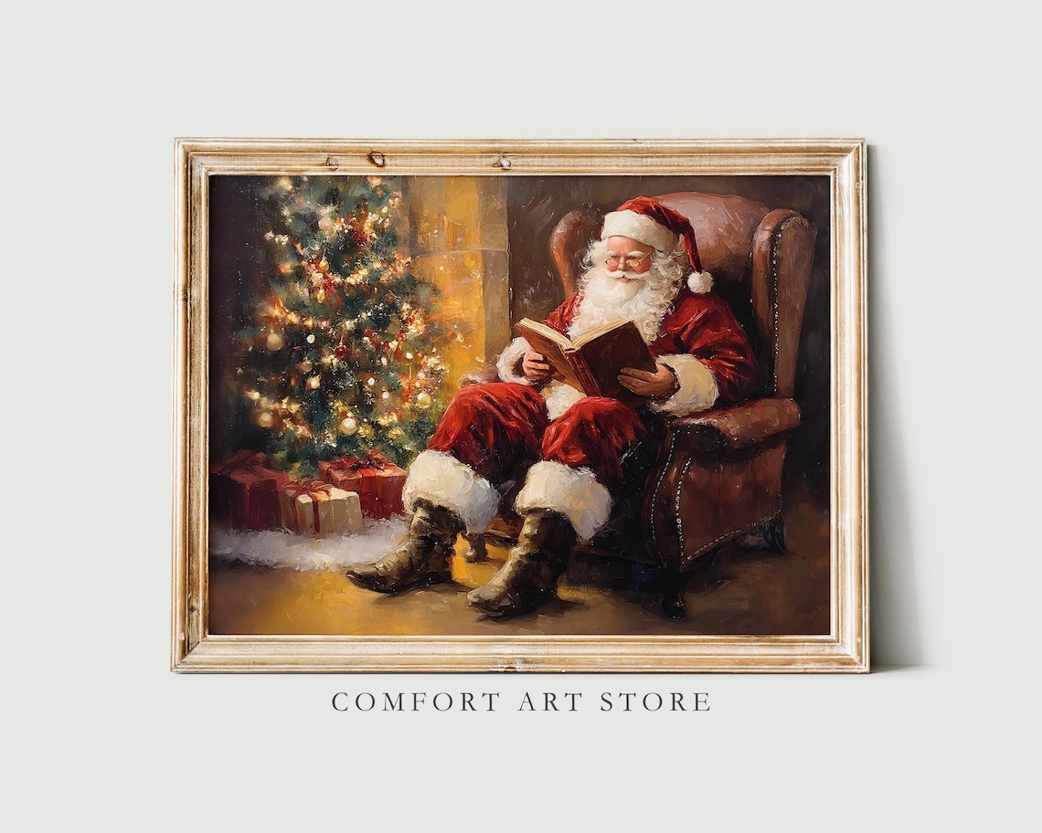 Vintage Santa Claus Reading in Armchair by Christmas Tree Poster