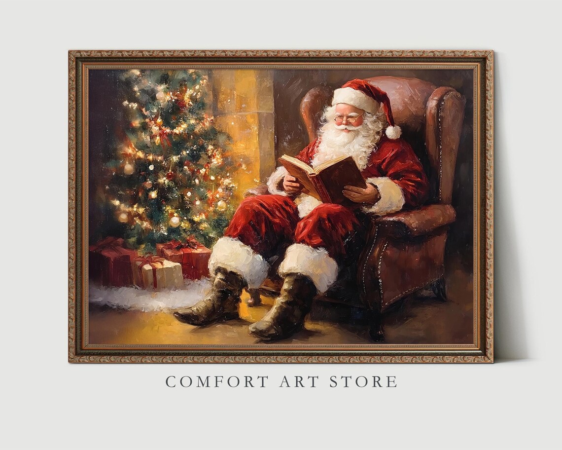 Vintage Santa Claus Reading in Armchair by Christmas Tree Poster - Image 2