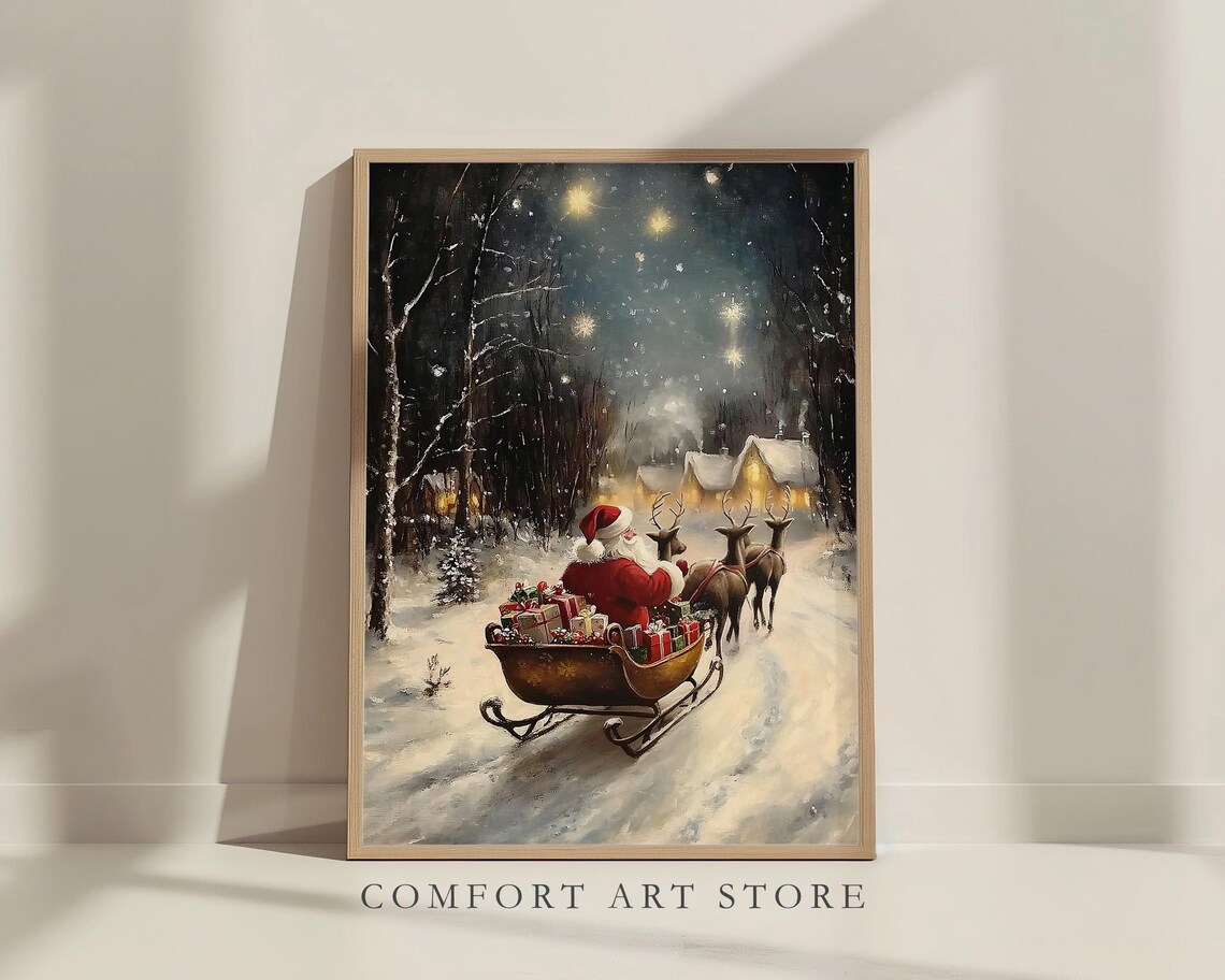 Santa Claus Sleigh Reindeer Snowy Village Starry Night Classic Poster - Image 5
