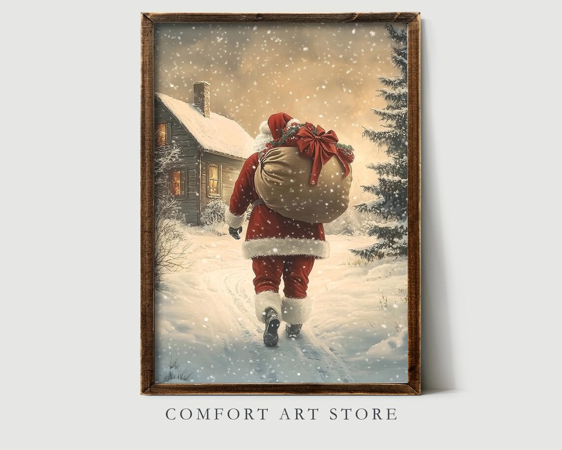 Santa Claus Print Vintage Christmas Wall Art Antique Santa Painting Winter Landscape Holiday Decor Christmas Gift Santa Wall Art - Image 2