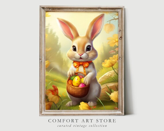 Cute Easter Bunny Spring Print Floral Easter Basket Easter Rabbit Easter Vintage Decor Easter Egg Farmhouse Cottagecore Wall Art
