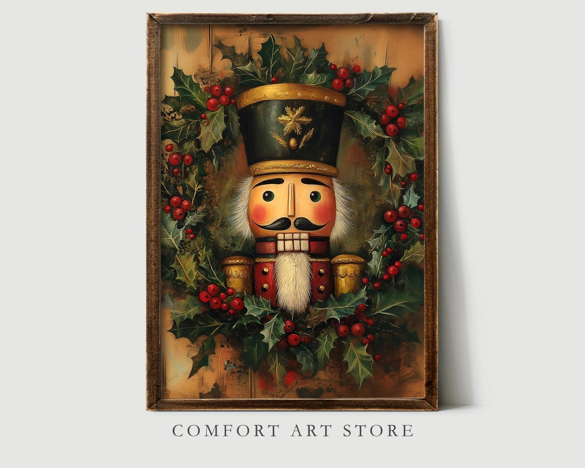 Nutcracker Portrait Surrounded by Holly and Red Berries Wall Art - Image 2